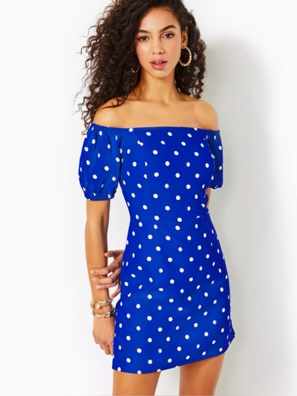 Lilly Pulitzer Jada Off Shoulder Blue Polka Dot Romper Dress w/ Belt Size 12